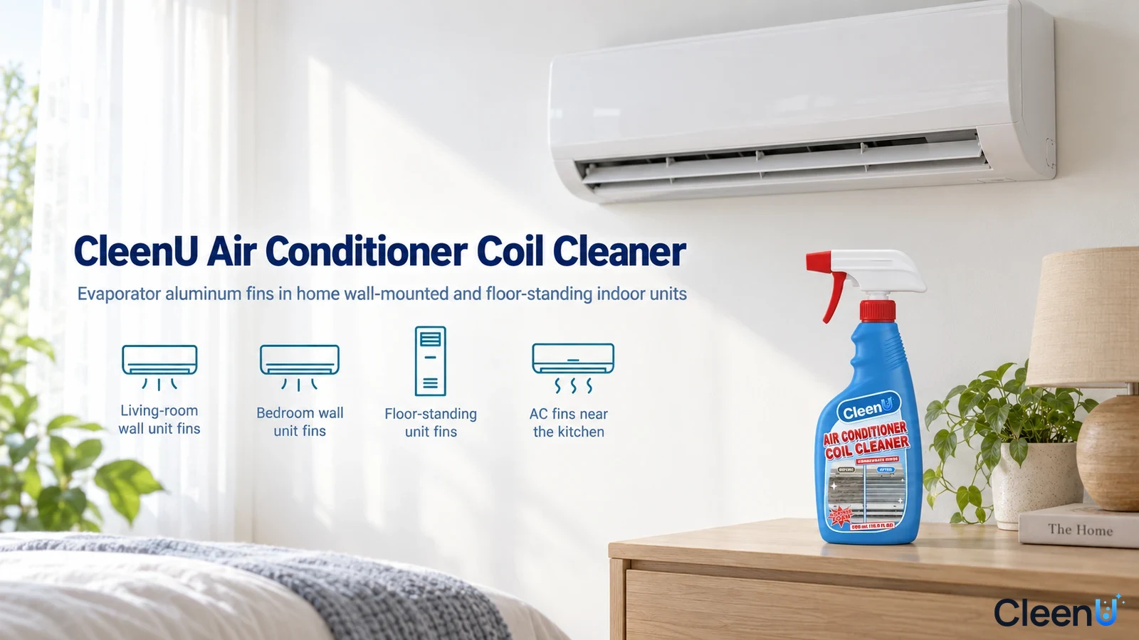 Illustration: A blue bottle on a wooden cabinet beside a wall air conditioner with use icons.