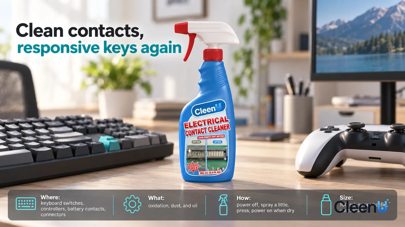 Illustration: CleenU Electrical Contact Cleaner stands centered on the desk, beside it a mechanical keyboard with all keycaps on and a game controller (no brand marks