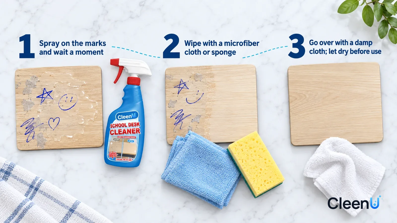Illustration: CleenU School Desk Cleaner — an overhead shot straight down onto a light marble tabletop, no hands: (1) a light wood-grain laminate sample with blue ballpoint doodles an