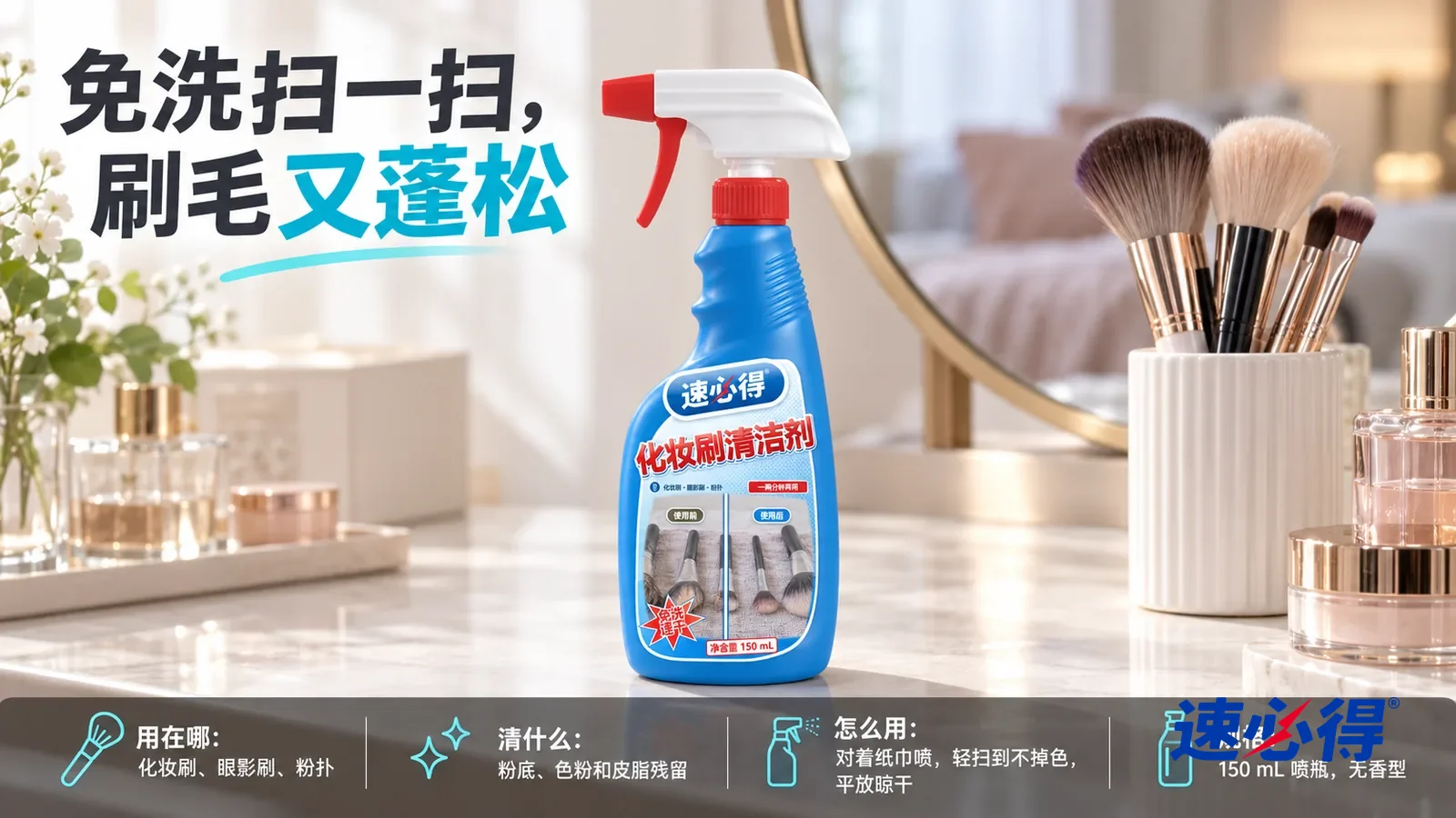 示意图：速必得化妆刷清洁剂居中站在梳妆台上，旁边一只白色笔筒插着几支干净蓬松的化妆刷（无品牌标志），身后梳妆镜和卧室向画面深处柔和虚化