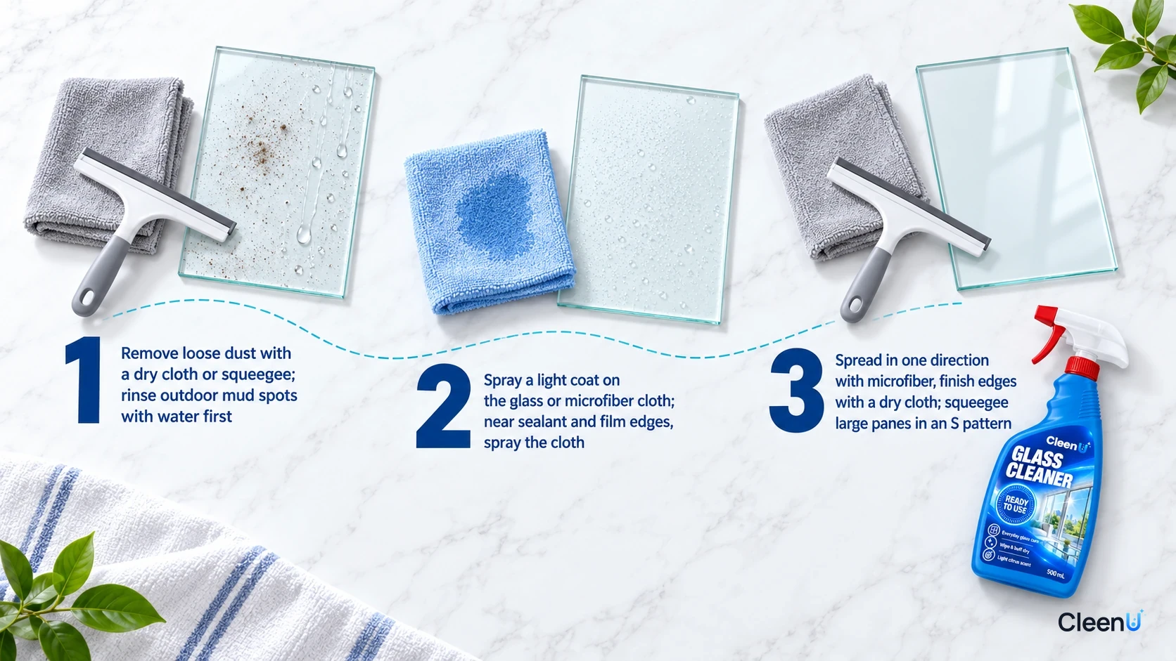 Three-step illustration of removing dust, spraying lightly and buffing glass dry using cloths, a squeegee and the product.