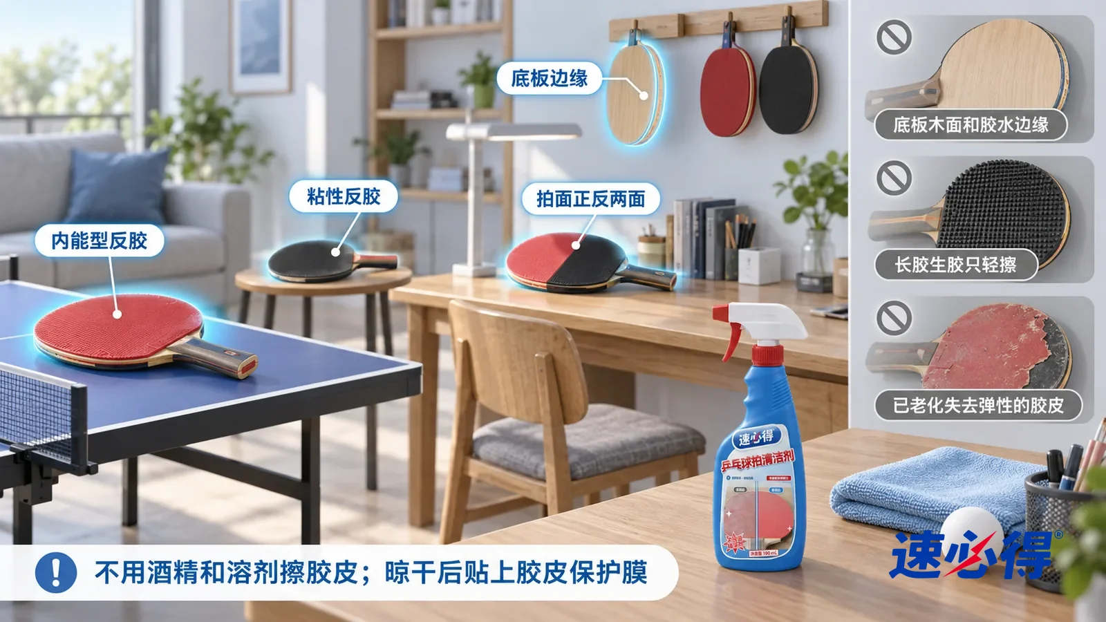 示意图:速必得乒乓球拍清洁剂——一张写实 3D 剖面实景图,一套明亮的家的活动室和书房区域,连续空间、一个视角,不出现人:球台上的红色内能型反胶球拍