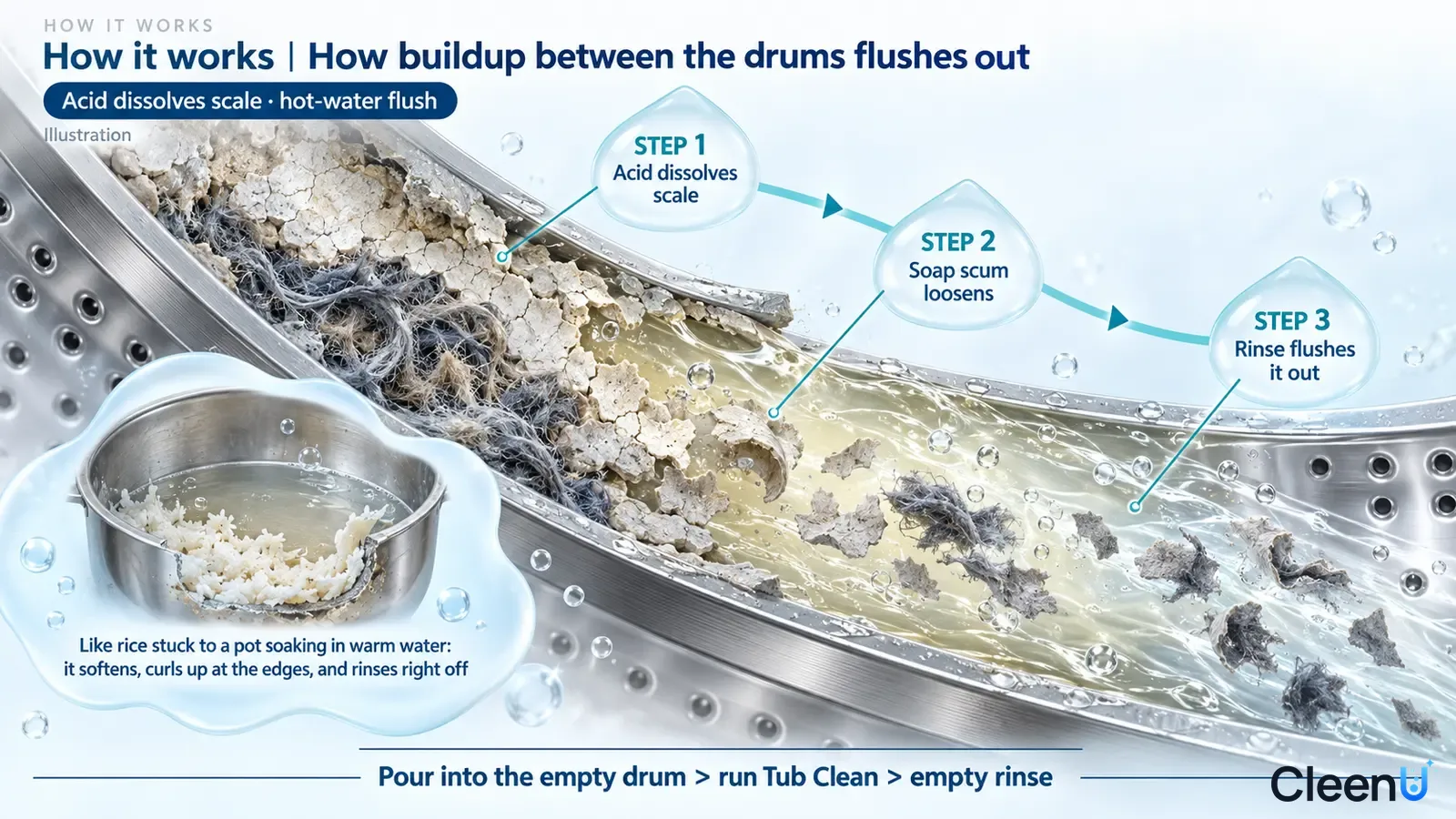 Illustration: A cross-section of gray and white buildup and water between washer drums with a pot-base analogy inset.