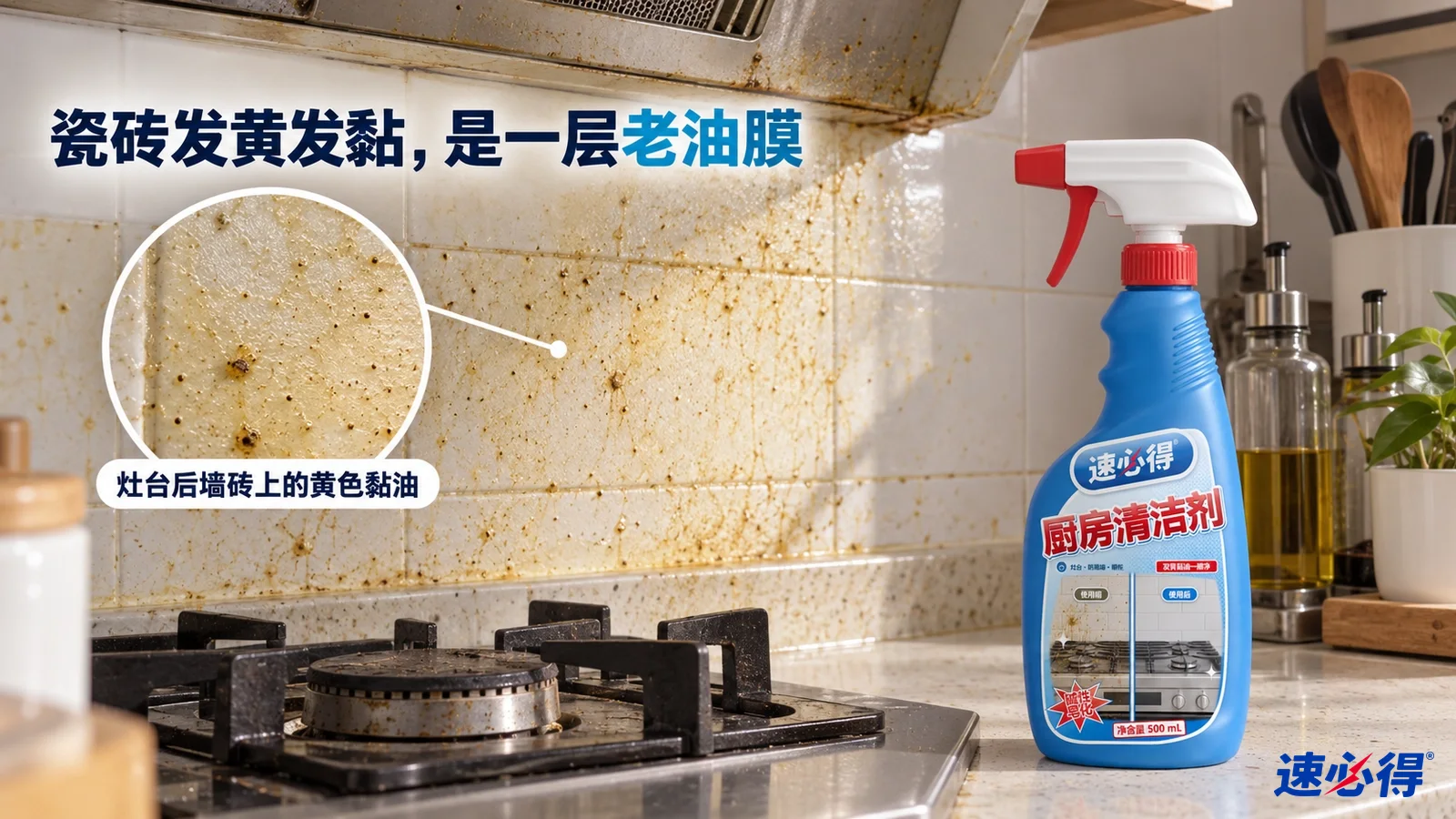 示意图：灶台后白瓷砖上的黄褐色油膜和蓝色清洁剂喷瓶。
