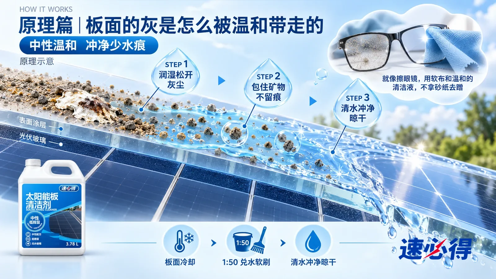示意图：速必得太阳能板清洁剂——同一后院、齐腰高地面支架、深蓝电池片和银色栅线；清晨或傍晚板面冷却后操作，所有位置从地面可及