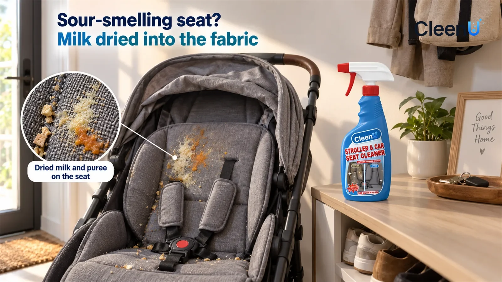 Illustration: CleenU Stroller & Car Seat Cleaner — An everyday entryway, a grey fabric stroller (no brand marks, no one inside) parked against the wall; in raking side light a patch of pale-y