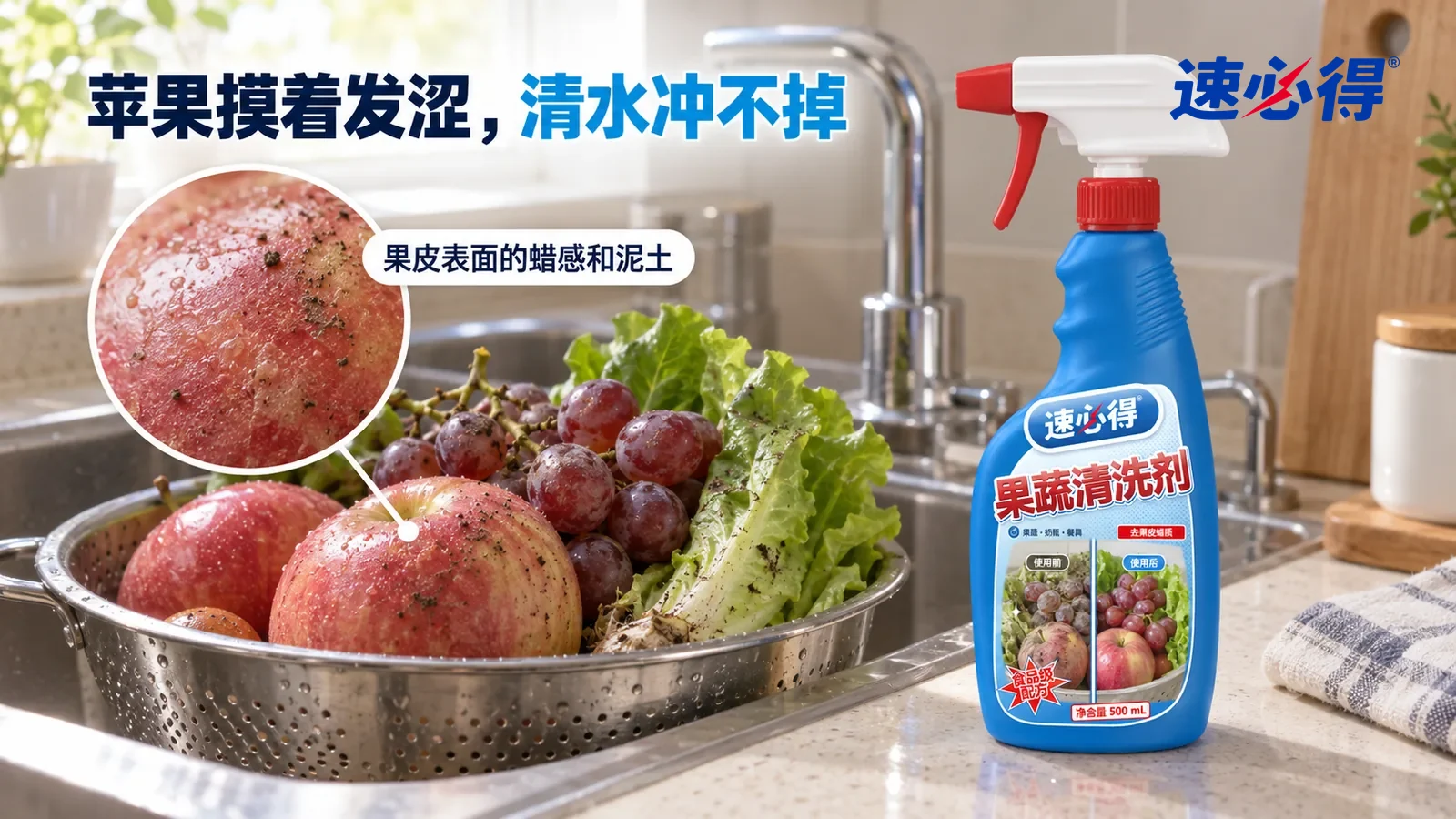 示意图：速必得果蔬清洗剂——一个家常厨房水槽边，一只不锈钢漏篮里装着刚买回的苹果、一串葡萄和几片生菜，侧光斜照下苹果皮上一层发亮发涩的蜡感