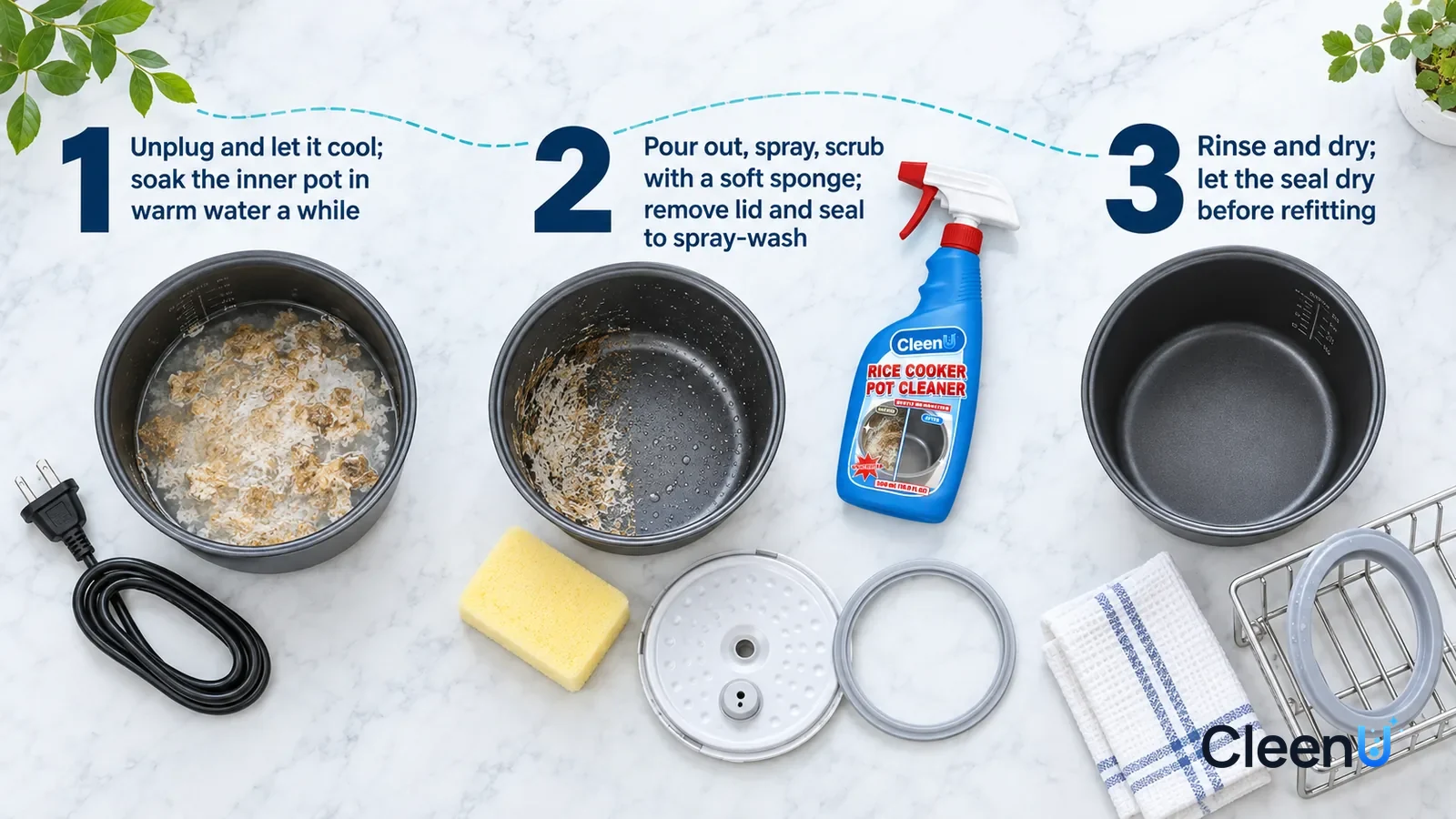 Illustration: CleenU Rice Cooker Pot Cleaner — an overhead shot straight down onto a light marble tabletop, no hands: (1) an unplugged power plug and a coiled power cord