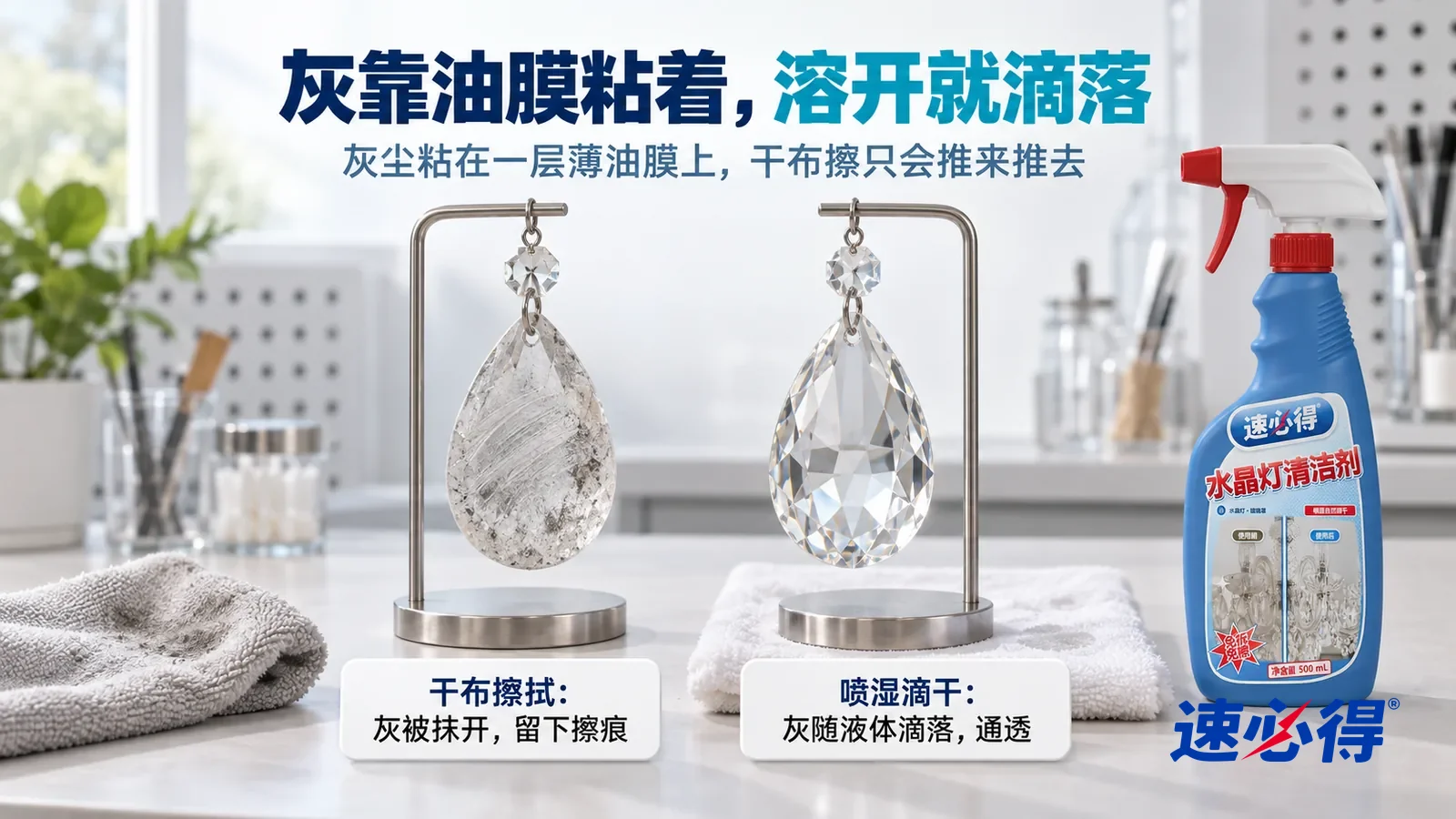 示意图：速必得水晶灯清洁剂——清洁实验室里一个小实验的横向中近景，白色测试台上左右并排立着两个小金属挂架，各挂着一颗同样的水滴形水晶挂件，原本都蒙着一样的灰，标题“灰靠油膜粘着，溶开就滴落”