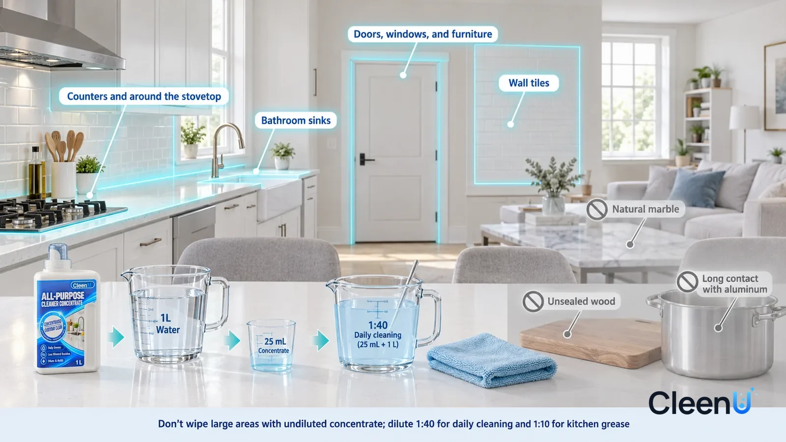Illustration: CleenU All-Purpose Cleaner Concentrate — keep the same white quartz kitchen counter, white glazed backsplash and pale-blue microfiber cloth; show ordinary thin cooking-oil film