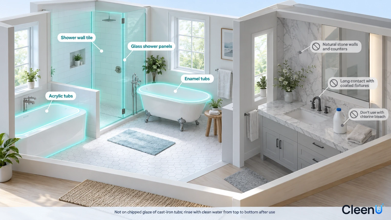 Illustration: Highlighted bathtub and shower wall areas beside material precaution icons.