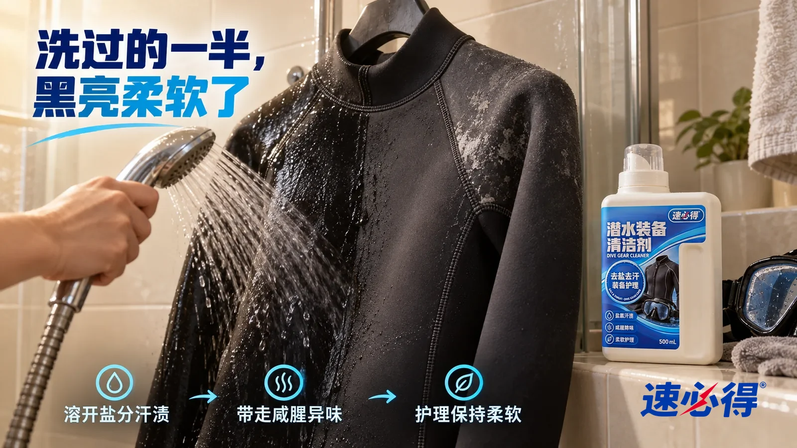 示意图：速必得潜水装备清洁剂——家里浴室淋浴间，一件黑色氯丁橡胶潜水服（无品牌标志）翻面挂在宽肩衣架上，低角度近景：一只手握着花洒正用清水冲一段面料，冲过的地方黑亮均匀