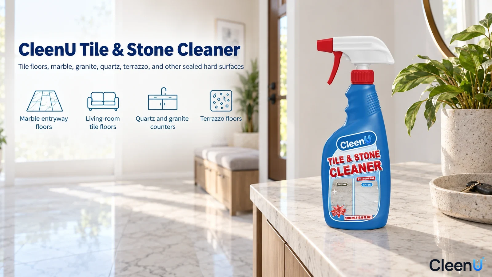 Illustration: A blue bottle on a stone counter with use icons.