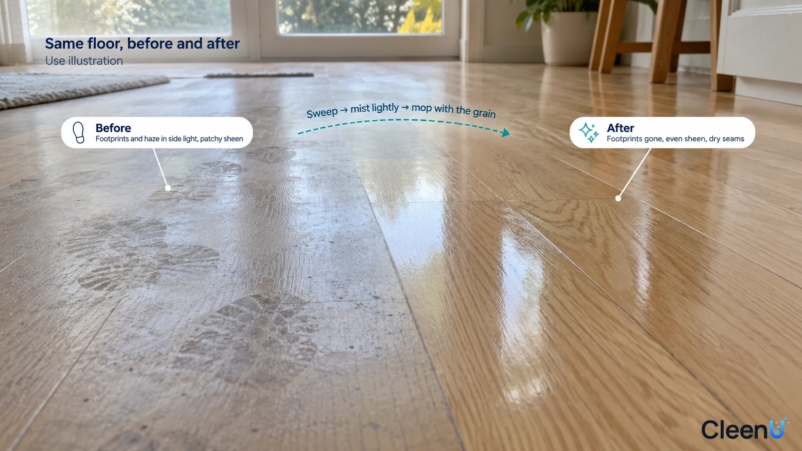 Illustration: Dusty footprints beside a clearer wood-look floor area; not a measured cleaning test.