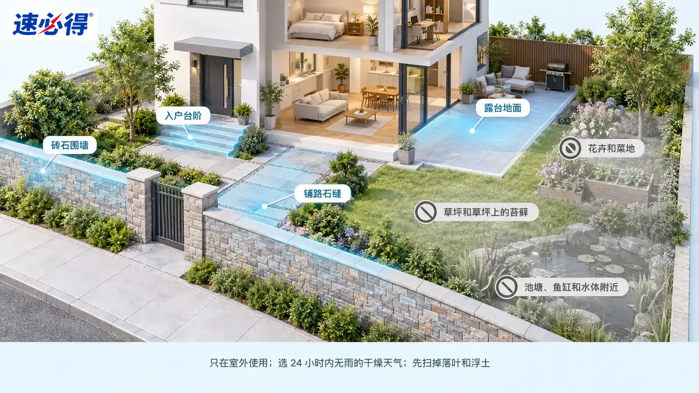 示意图:住宅石阶、墙面和铺装区域被突出显示,旁列户外材质注意事项。