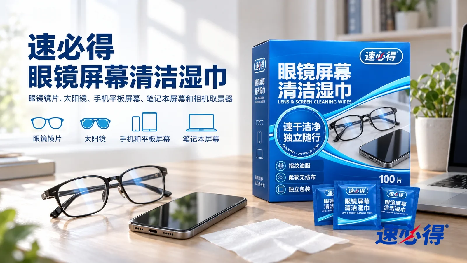 示意图：速必得眼镜屏幕清洁湿巾——一间明亮干净的书房，书桌上一副干净透亮的黑框眼镜（无品牌）和一部黑屏手机（无品牌标志），窗光柔和，产品站在右侧书桌上，标签正对镜头