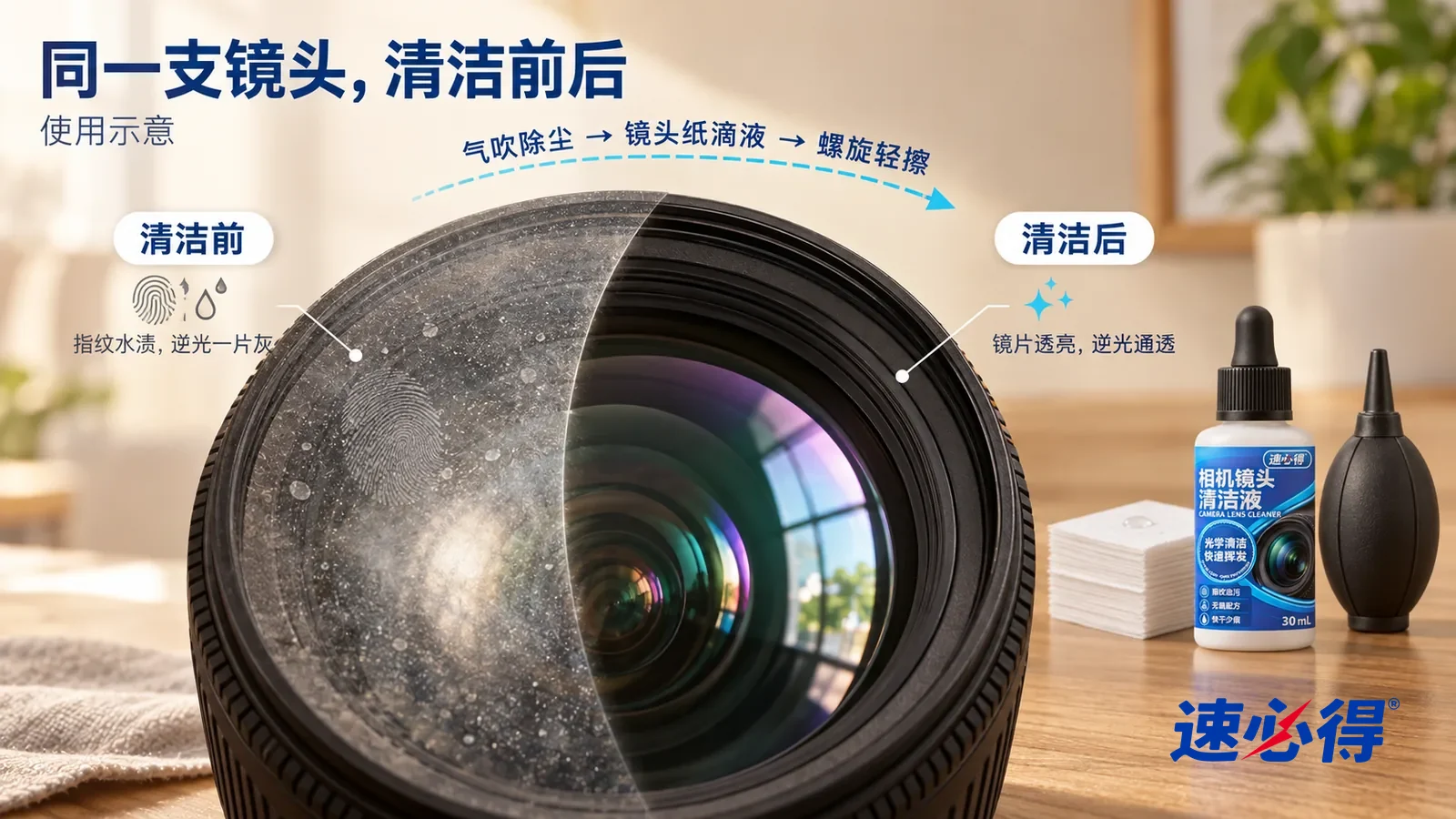 示意图：速必得相机镜头清洁液——整屏一支相机镜头前镜片的正面低角度大近景（无品牌标志、镜头前圈没有任何文字），同一侧光，没处理的一侧指纹和水渍发雾