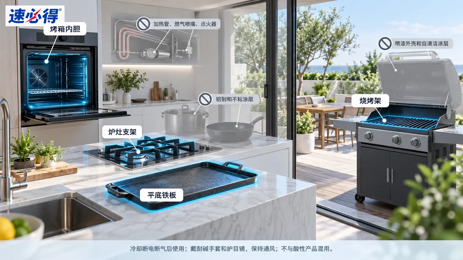 示意图：厨房烤箱、烤盘、灶架和户外烤架被突出显示，旁列部件注意事项。