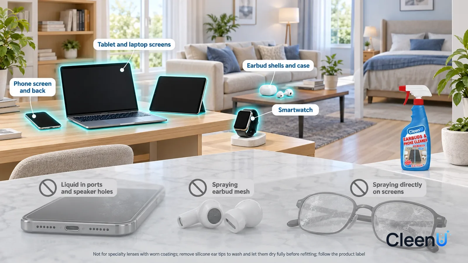 Illustration: CleenU Earbuds & Phone Cleaner — A realistic 3D cutaway of a bright home's study, living room, and bedroom, one continuous space from one viewpoint, no bottle