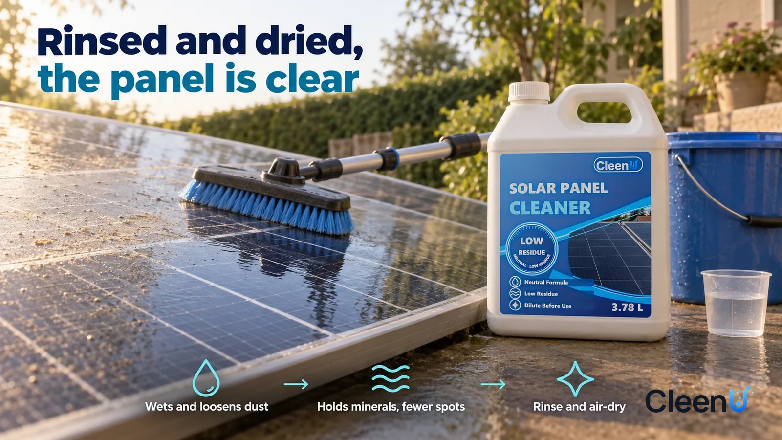 Illustration: CleenU Solar Panel Cleaner — use one backyard with waist-high ground-mounted panels, dark-blue cells and silver grid lines