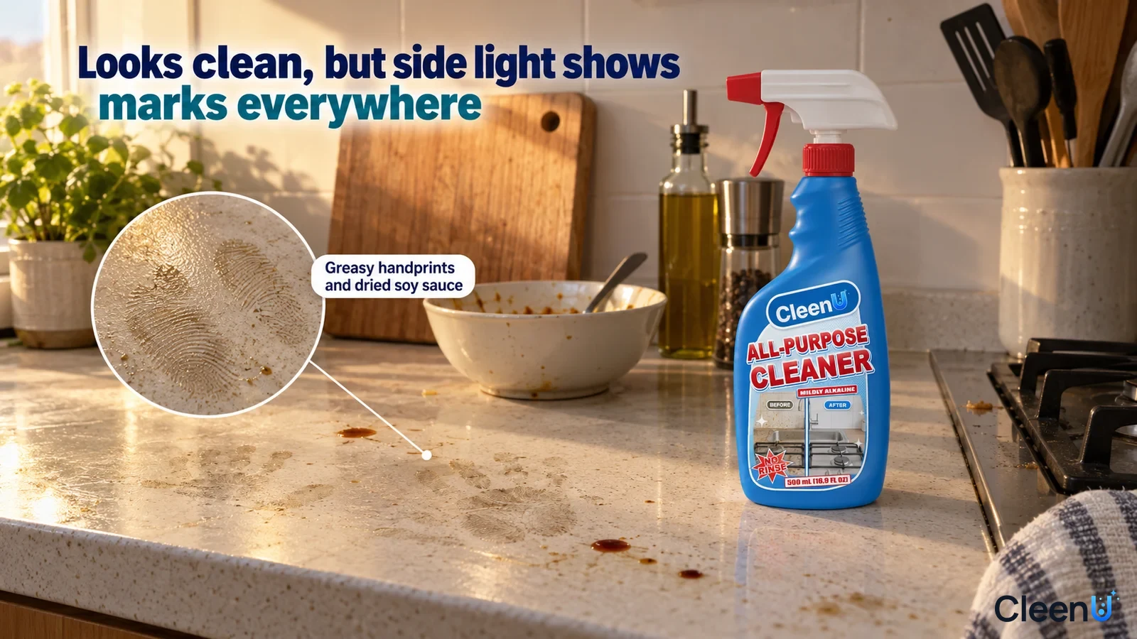 Illustration of an all-purpose cleaner bottle on a light kitchen counter with crumbs, grease marks and a stain detail inset.