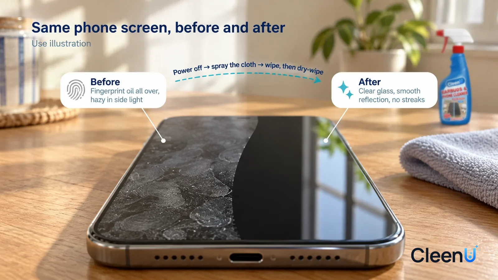 Illustration: CleenU Earbuds & Phone Cleaner — A full-screen low-angle close-up of a powered-off generic phone (no logo) lying flat on a wooden table, same side light