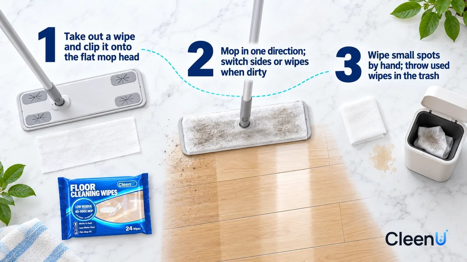 Illustration: CleenU Floor Cleaning Wipes — an overhead shot straight down onto a light marble tabletop, no hands: (1) a flat mop head and a white wipe just taken out and laid flat; (2