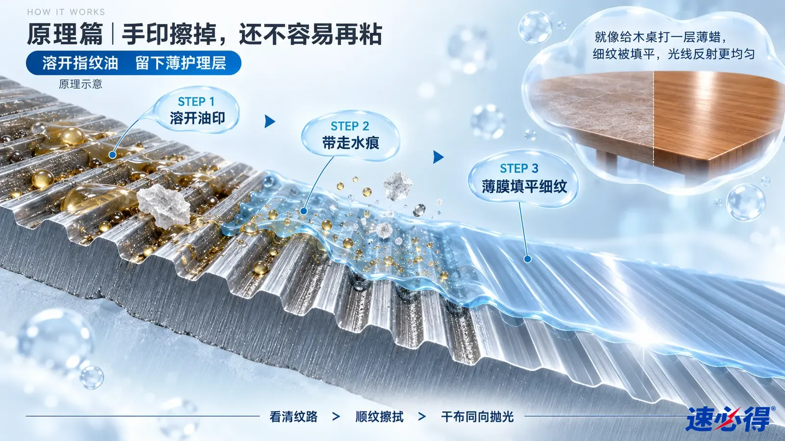 示意图：拉丝金属表面纹路、颗粒、液滴和清洁布的剖面示意。