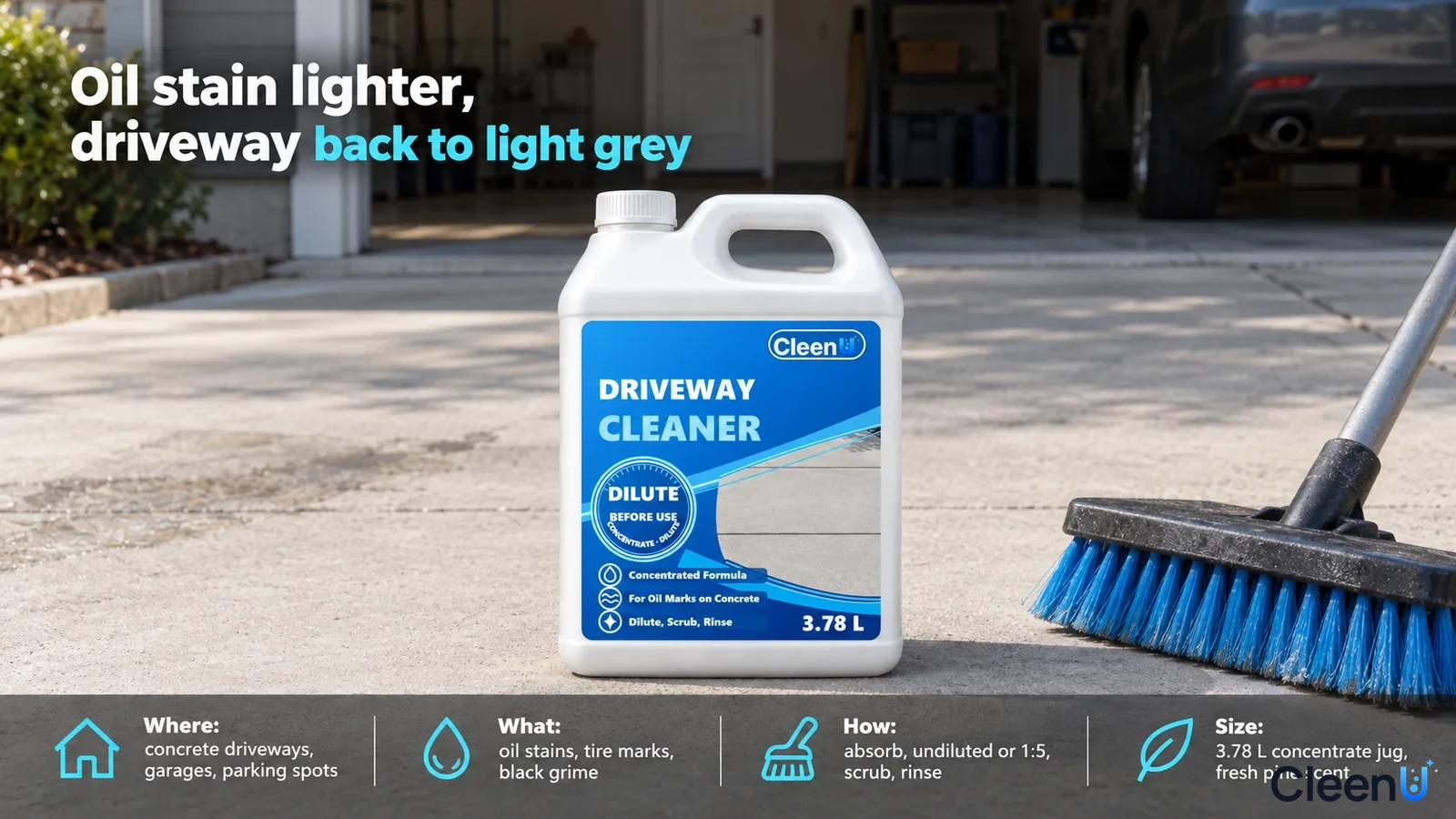 Illustration: A white cleaner jug and stiff brush on a light gray driveway.