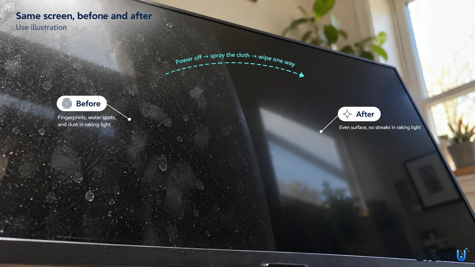 Illustration: Fingerprints beside a clearer switched-off monitor area; not a measured cleaning test.
