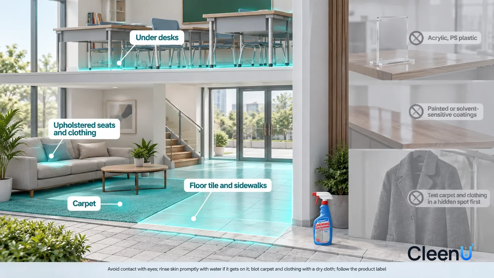 Illustration: CleenU Chewing Gum Remover — A realistic 3D cutaway of a bright two-story building and the sidewalk out front, one continuous space from one viewpoint