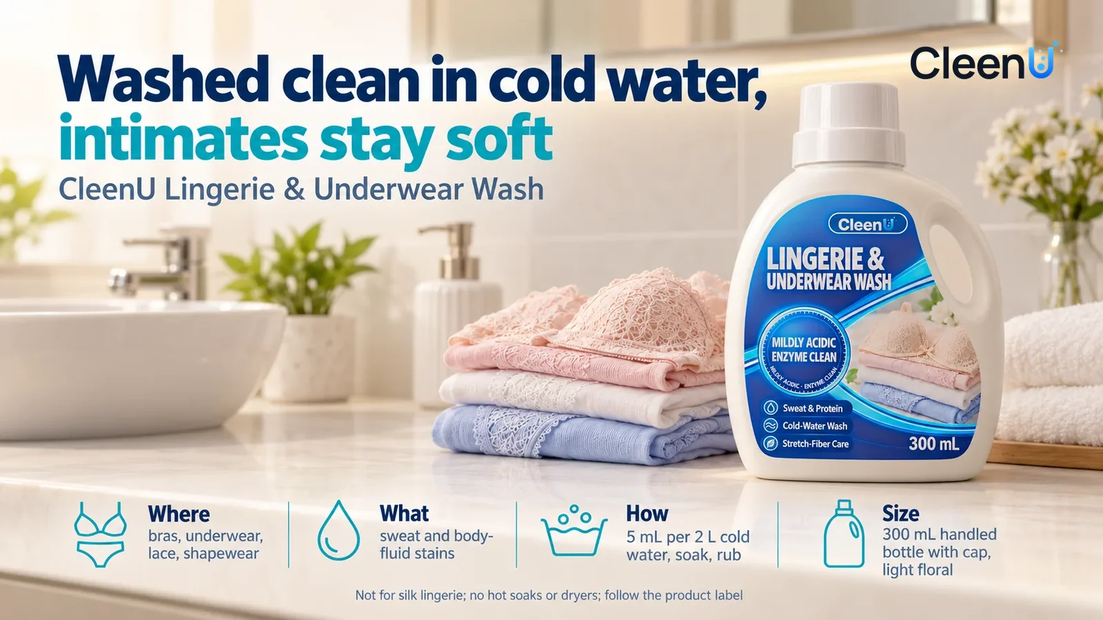 Illustration: CleenU Lingerie & Underwear Wash, measuring cap on, stands in the right third of the frame on the bathroom vanity Headline: "Washed clean in cold water, intimates stay soft"