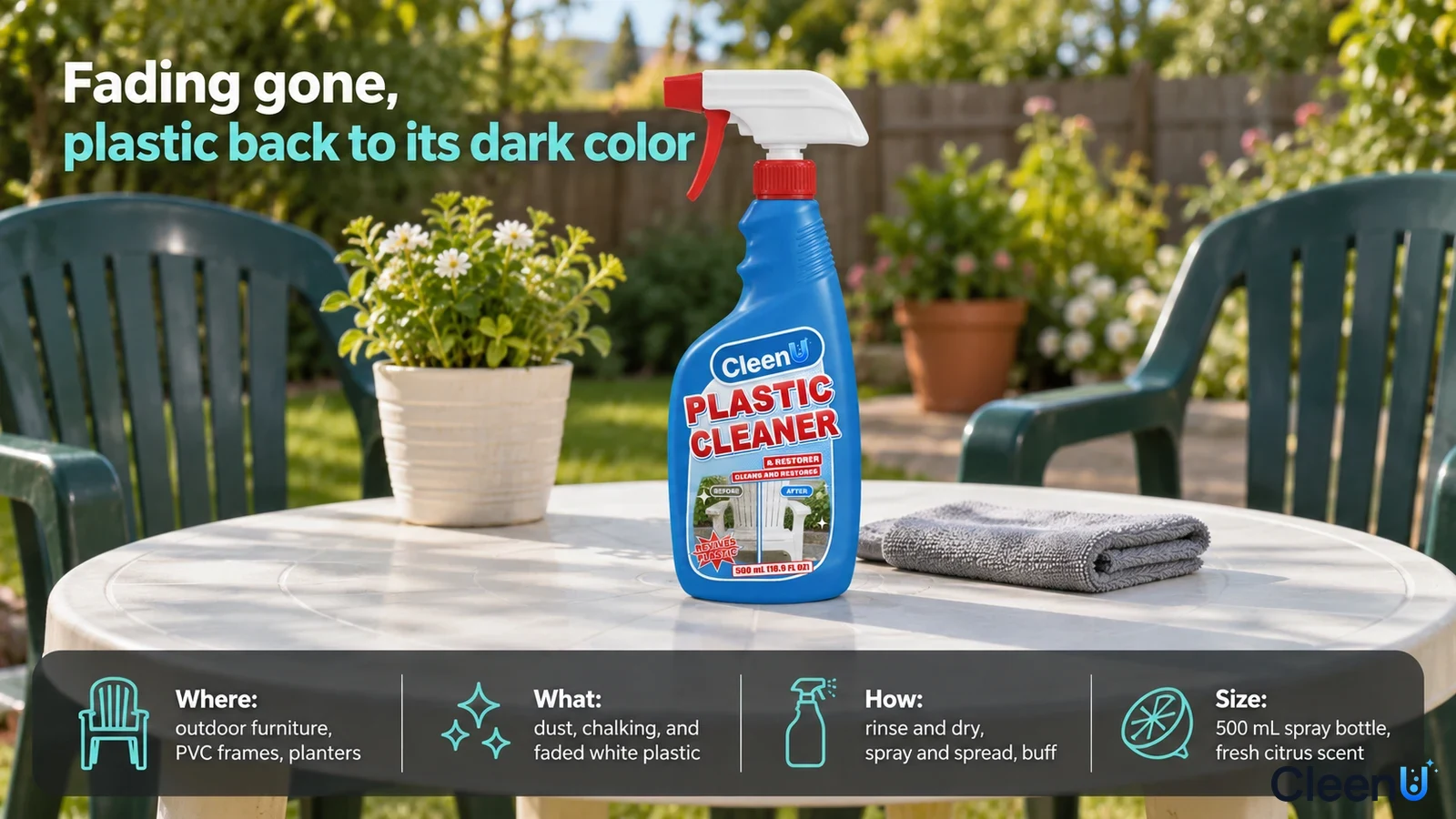 Illustration: A blue cleaner bottle and gray cloth on a green plastic table.