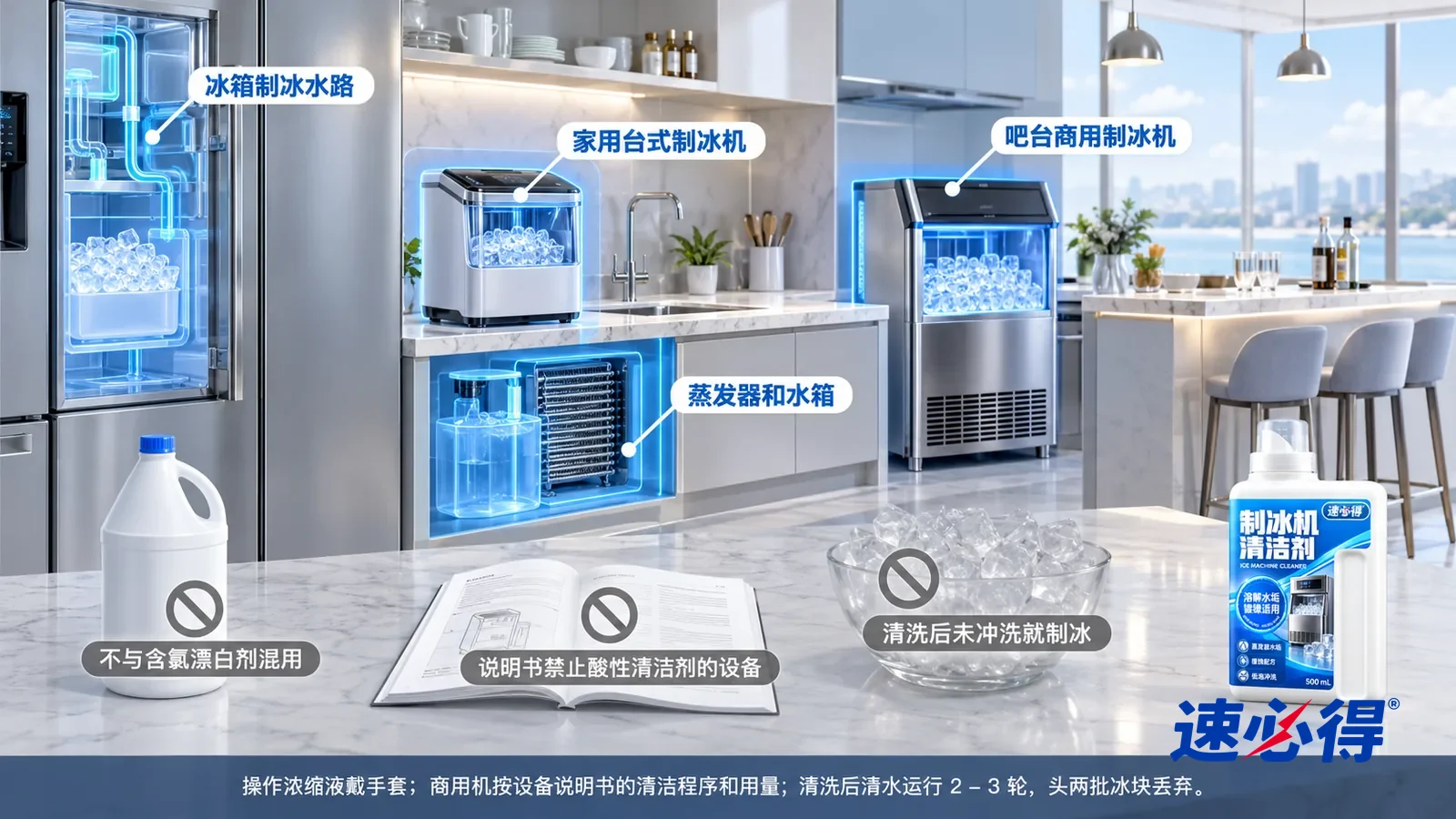示意图：速必得制冰机清洁剂——一张写实 3D 剖面实景图，一套明亮的家的厨房和吧台区域，连续空间、一个视角，不出现瓶子：台式制冰机、冰箱制冰水路、蒸发器和水箱