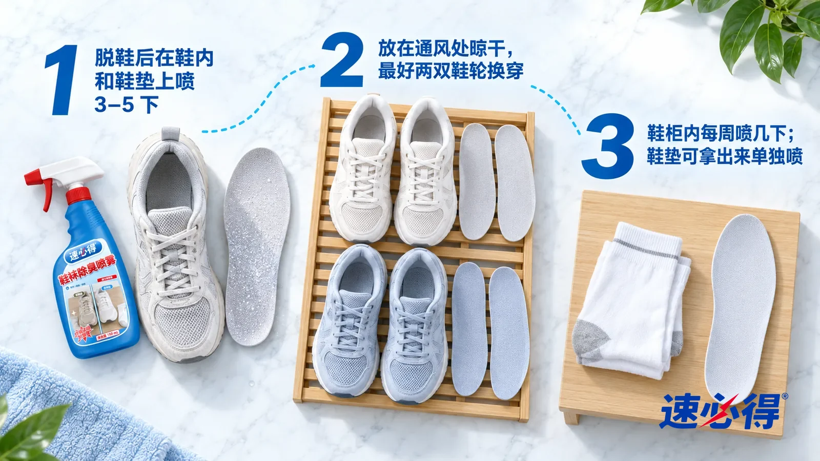示意图:速必得鞋袜除臭喷雾——① 一只鞋口敞开的浅灰色运动鞋(无品牌标志)和一只抽出来的鞋垫,鞋垫表面一层细密均匀的微湿雾痕;② 两双运动鞋(无品牌标志)放在一块镂空的木