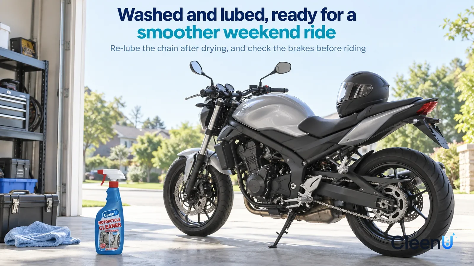 Illustration: CleenU Motorcycle Cleaner — A bright early-morning garage doorway, a clean street bike (no logos, no plate, no lettering) parked on the dry concrete floor Headline: "Washed and lubed, re