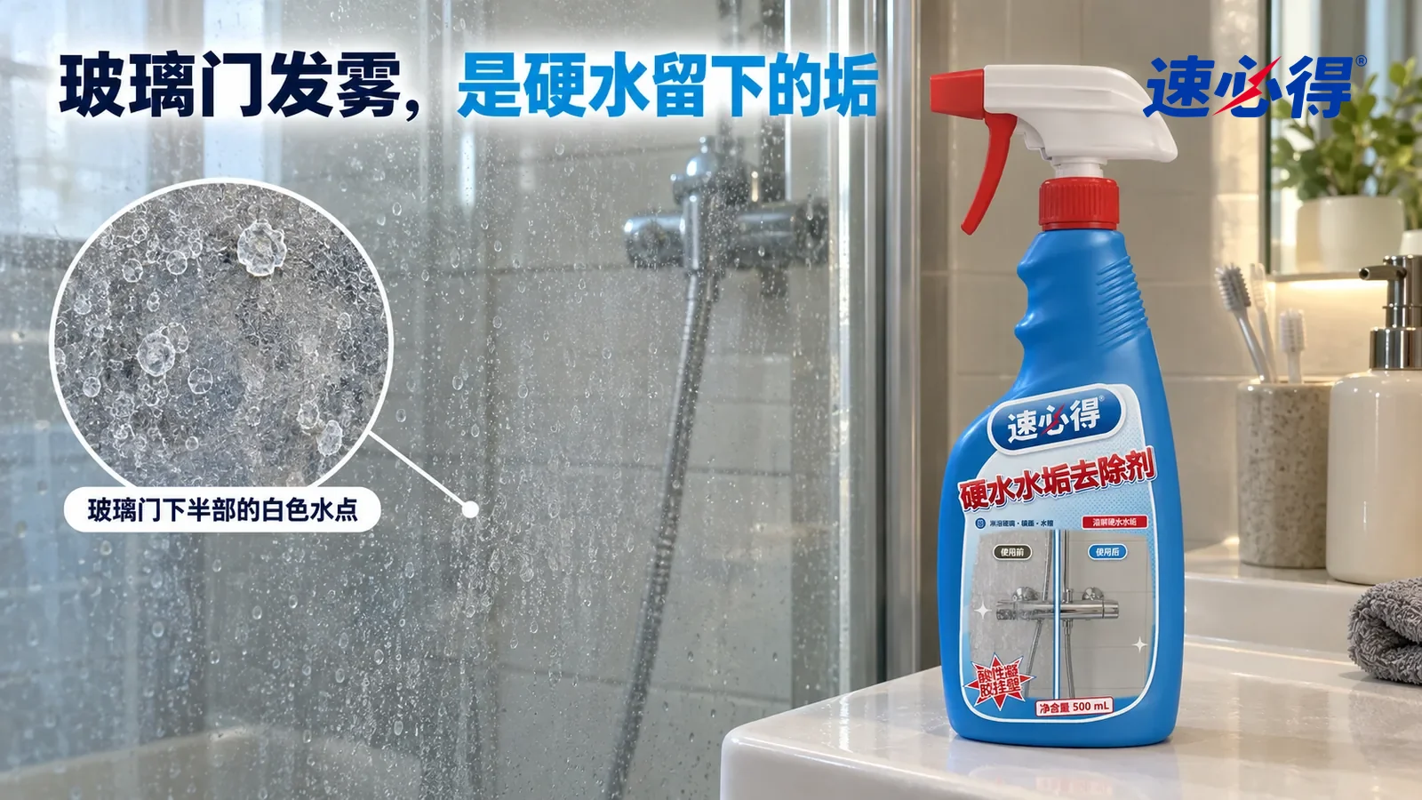 示意图：速必得硬水水垢去除剂——一间家常浴室，一扇透明淋浴玻璃门（无品牌标志）关着，侧光斜照下玻璃下半部密密的白色水点和一层发雾的水垢膜清楚可见