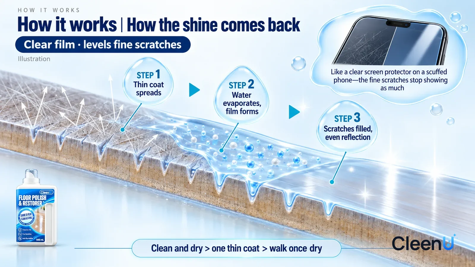 Illustration: CleenU Floor Polish & Restorer — an enormously magnified cross-section of a laminate wear layer runs diagonally from upper left to lower right; on the left the surface is co