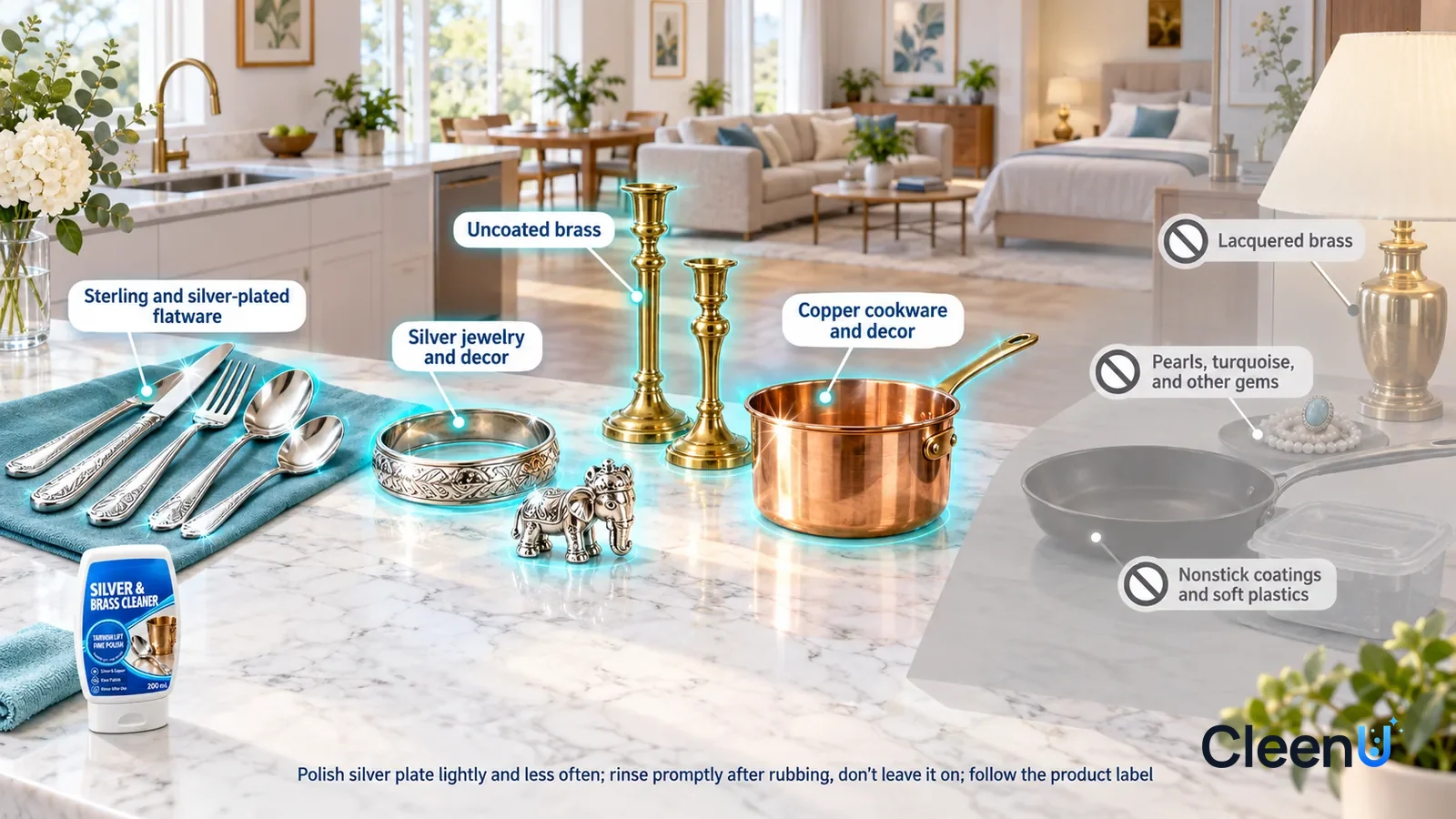 Illustration: CleenU Silver & Brass Cleaner — A realistic 3D cutaway of a bright home's dining room, kitchen, living room, and bedroom, one continuous space from one viewpoint
