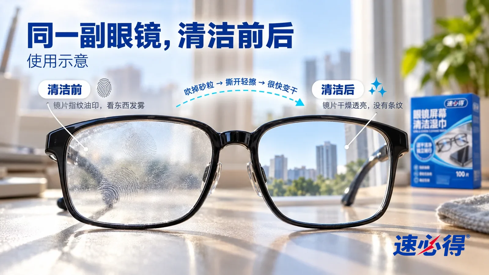 示意图:速必得眼镜屏幕清洁湿巾——整屏一副黑框眼镜(无品牌)的低角度大近景,镜片正对镜头,同一窗光,本品按前述位置作为配角:没处理的一侧镜片带着指纹和油印