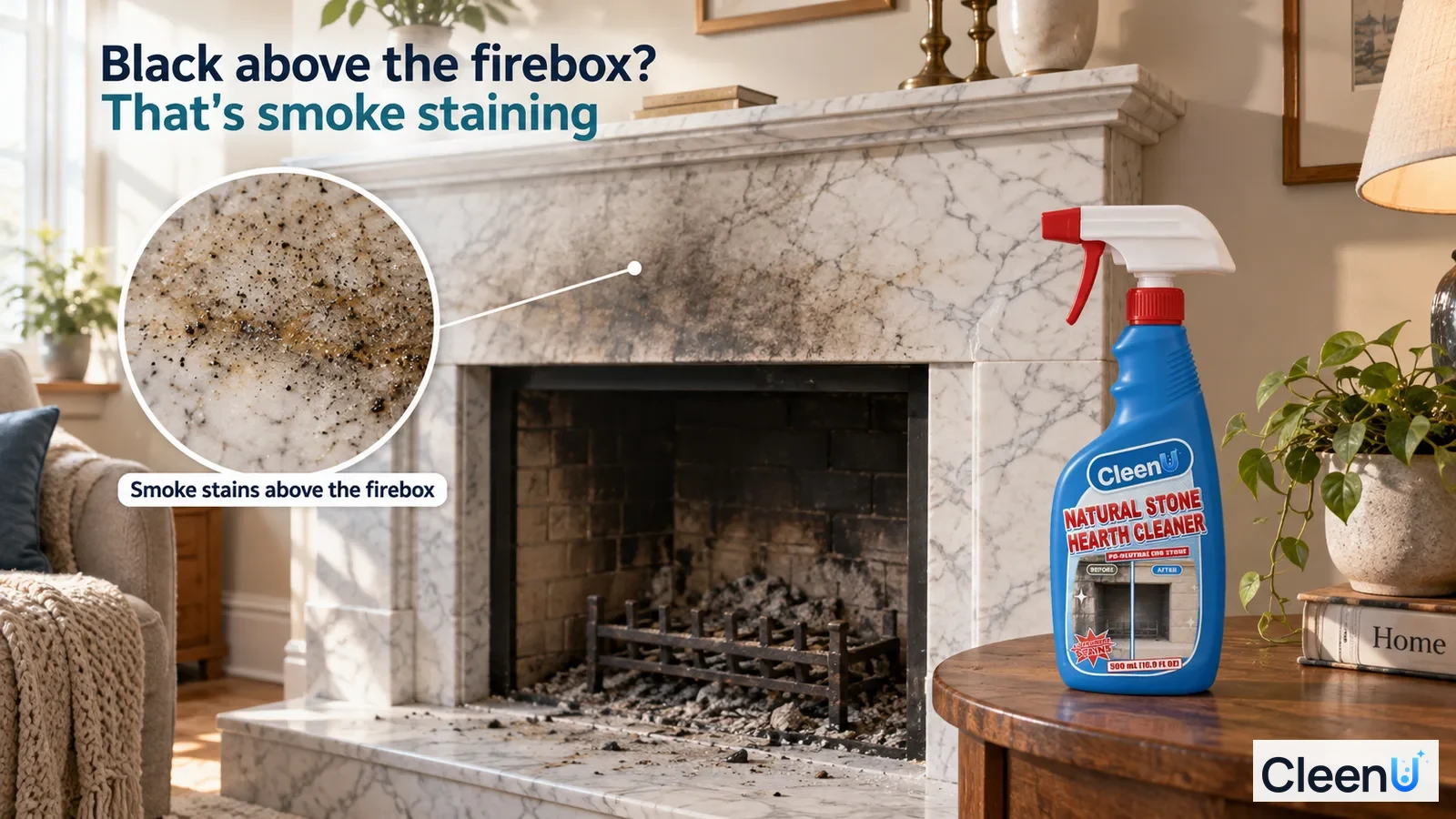 Illustration: Dark soot stains above a stone fireplace opening beside a blue cleaner bottle.