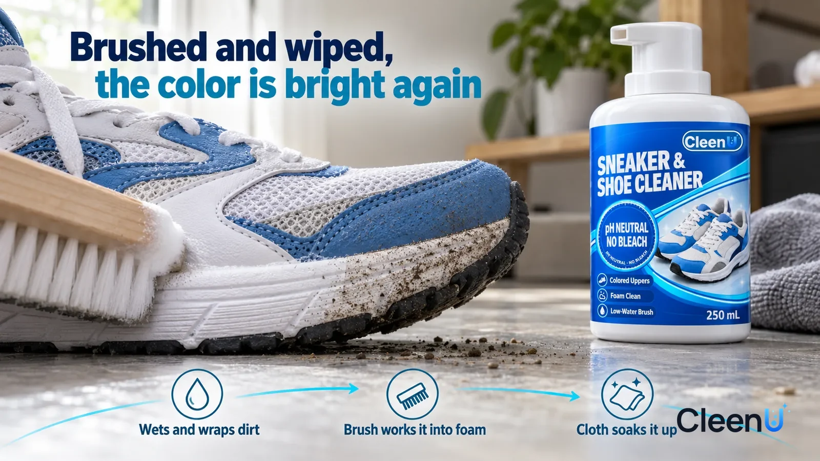Illustration: CleenU Sneaker & Shoe Cleaner — a stiff brush has just scrubbed one stretch, the brushed edge clean with the texture clearly visible