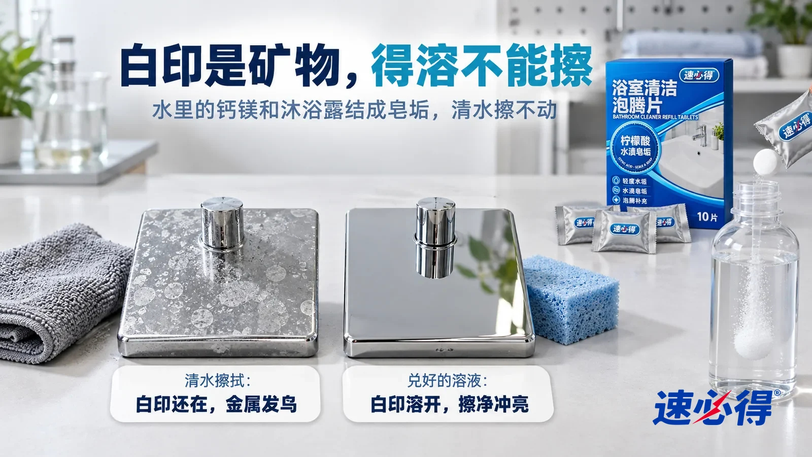 示意图：速必得浴室清洁泡腾片——白色测试台上并排放着两块同样的镀铬金属样板，都带着一样的白色水渍和皂垢，标题“白印是矿物，得溶不能擦”