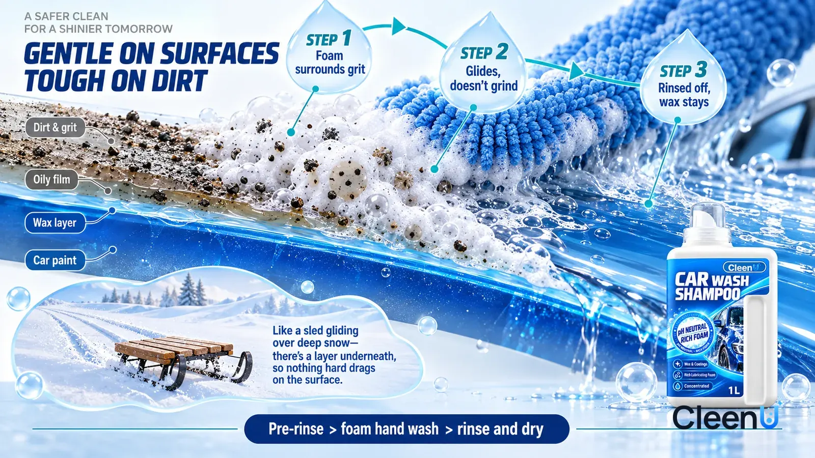 Illustration: CleenU Car Wash Shampoo — an enormously magnified slice of car paint runs diagonally from upper left to lower right