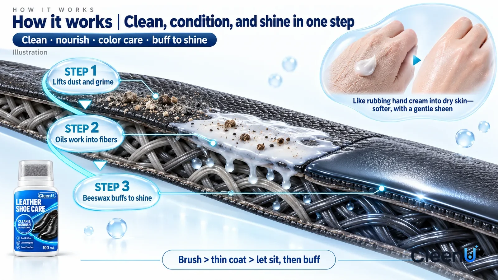 Illustration: CleenU Leather Shoe Care — an enormously magnified slice of black leather runs diagonally from upper left to lower right