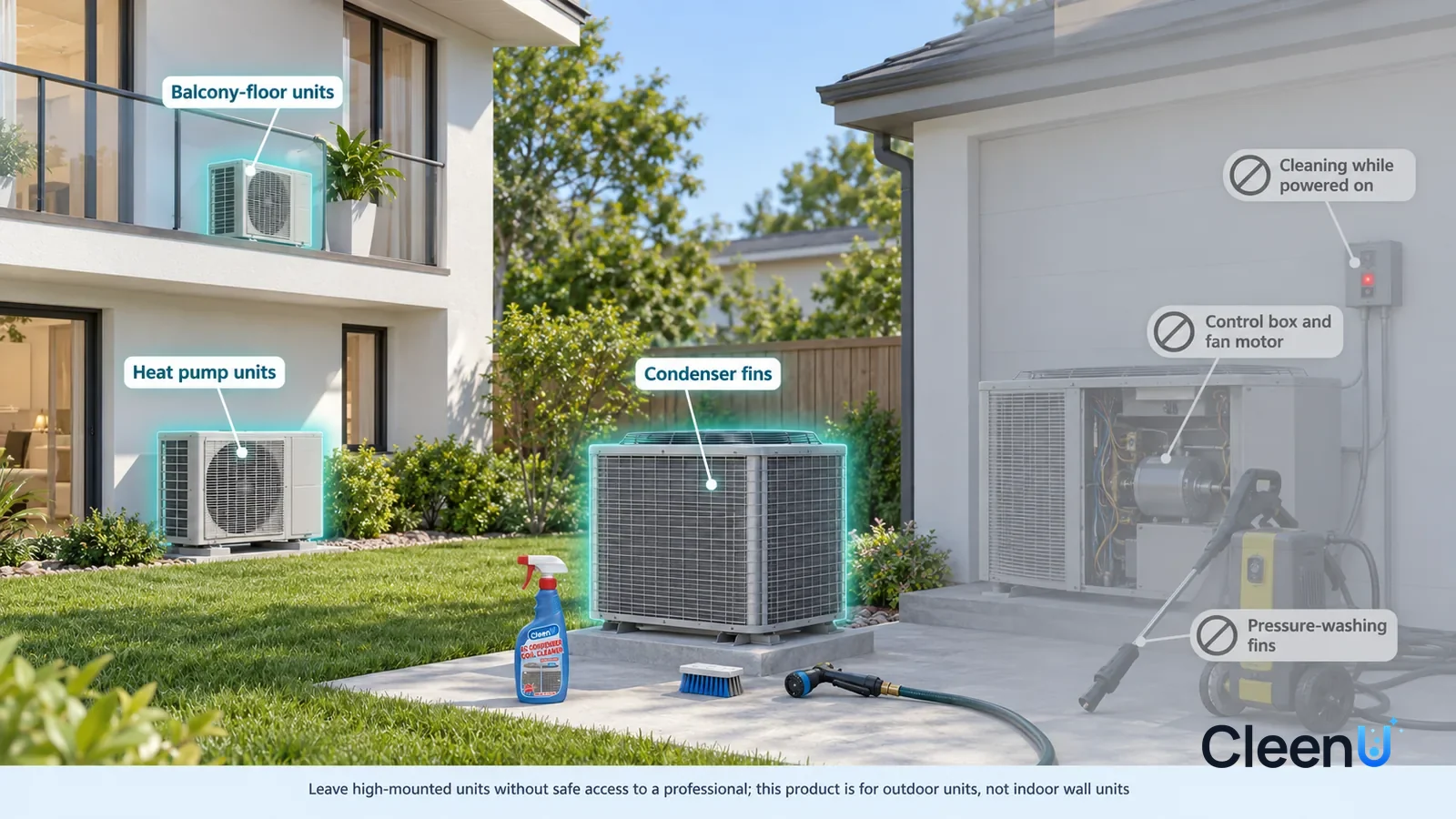 Illustration: CleenU AC Condenser Coil Cleaner — keep one outdoor condenser on a backyard concrete pad, fan stationary and reachable from ground level