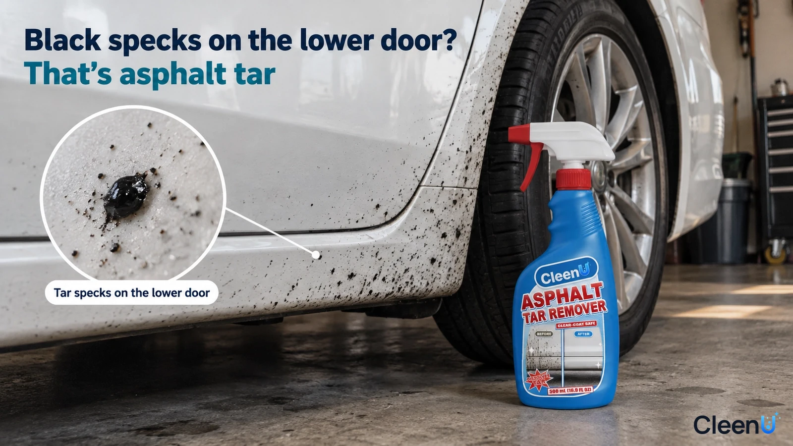 Illustration of black tar spots on the lower door of a white car beside a blue tar remover bottle.