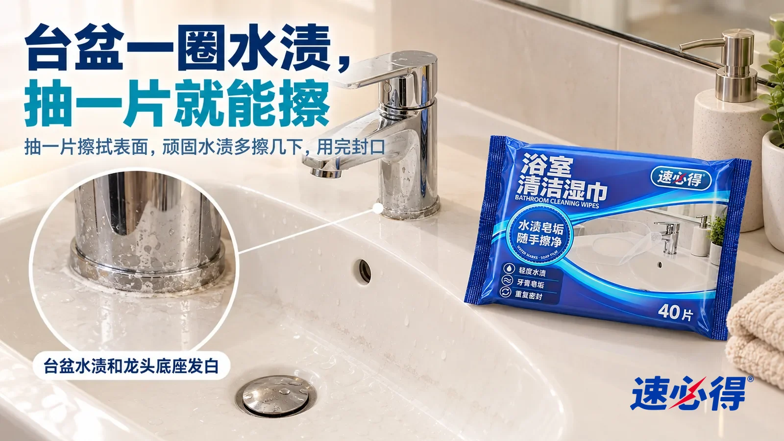 示意图:速必得浴室清洁湿巾——早上洗漱后的家常浴室,白色陶瓷一体台盆和一只镀铬水龙头,侧光下台盆内壁一圈浅灰水渍线和几点白色牙膏印,标题“台盆一圈水渍,抽一片就能擦”