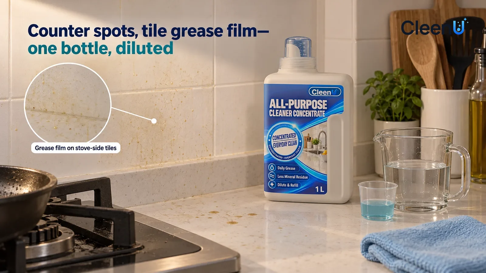 Illustration: CleenU All-Purpose Cleaner Concentrate — keep the same white quartz kitchen counter, white glazed backsplash and pale-blue microfiber cloth; show ordinary thin cooking-oil film