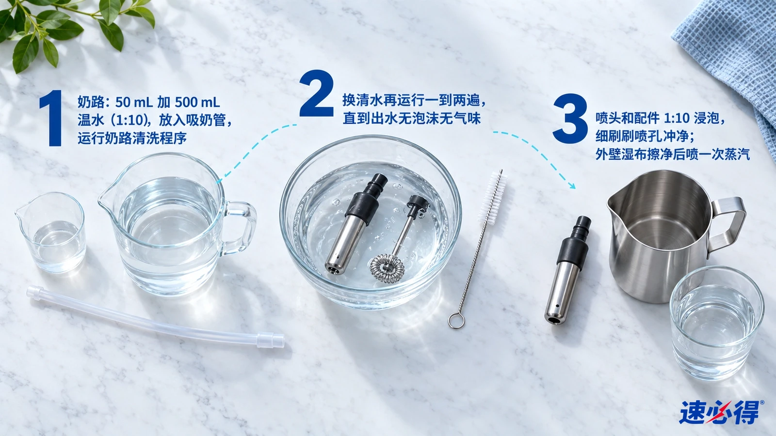 示意图:量杯、水盆、蒸汽棒零件和不锈钢奶缸,配有编号步骤。